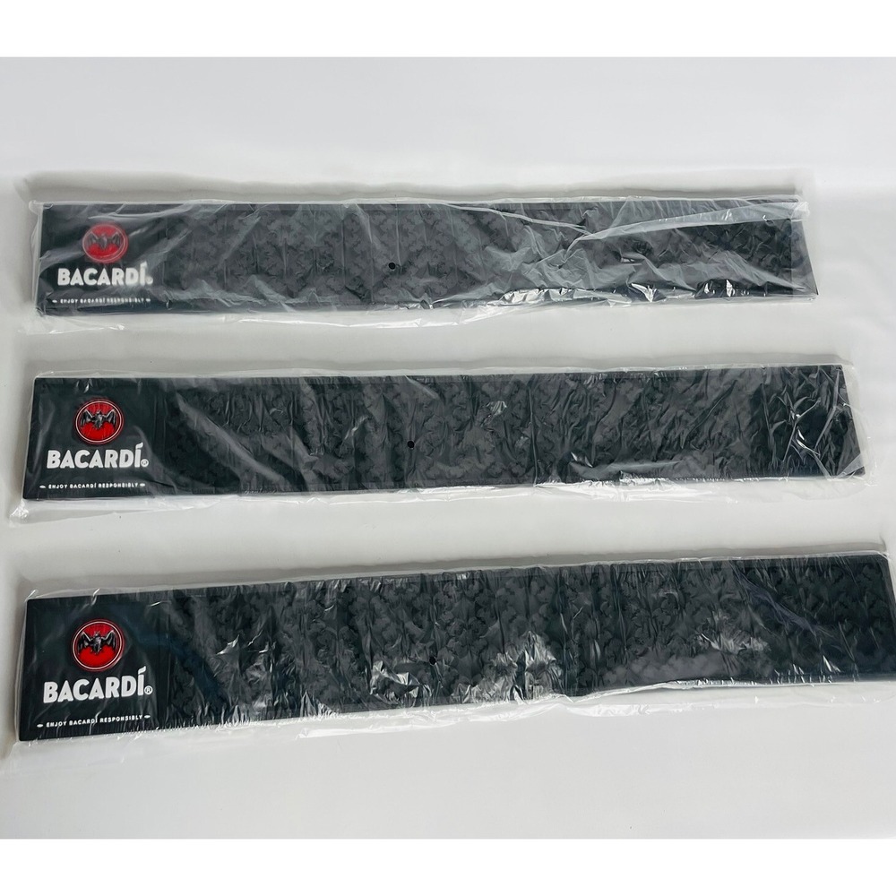 3 NEW Bacardi Rum Black Rubber Bar Rail‎ Spill Mat — 24" X 3-1/2" — Drip Catcher